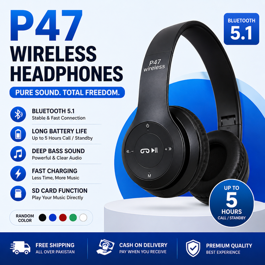Long Listening Battery Fast Charging Wireless Bluetooth 5.1 Headphones With SD Card Function – P47 Model