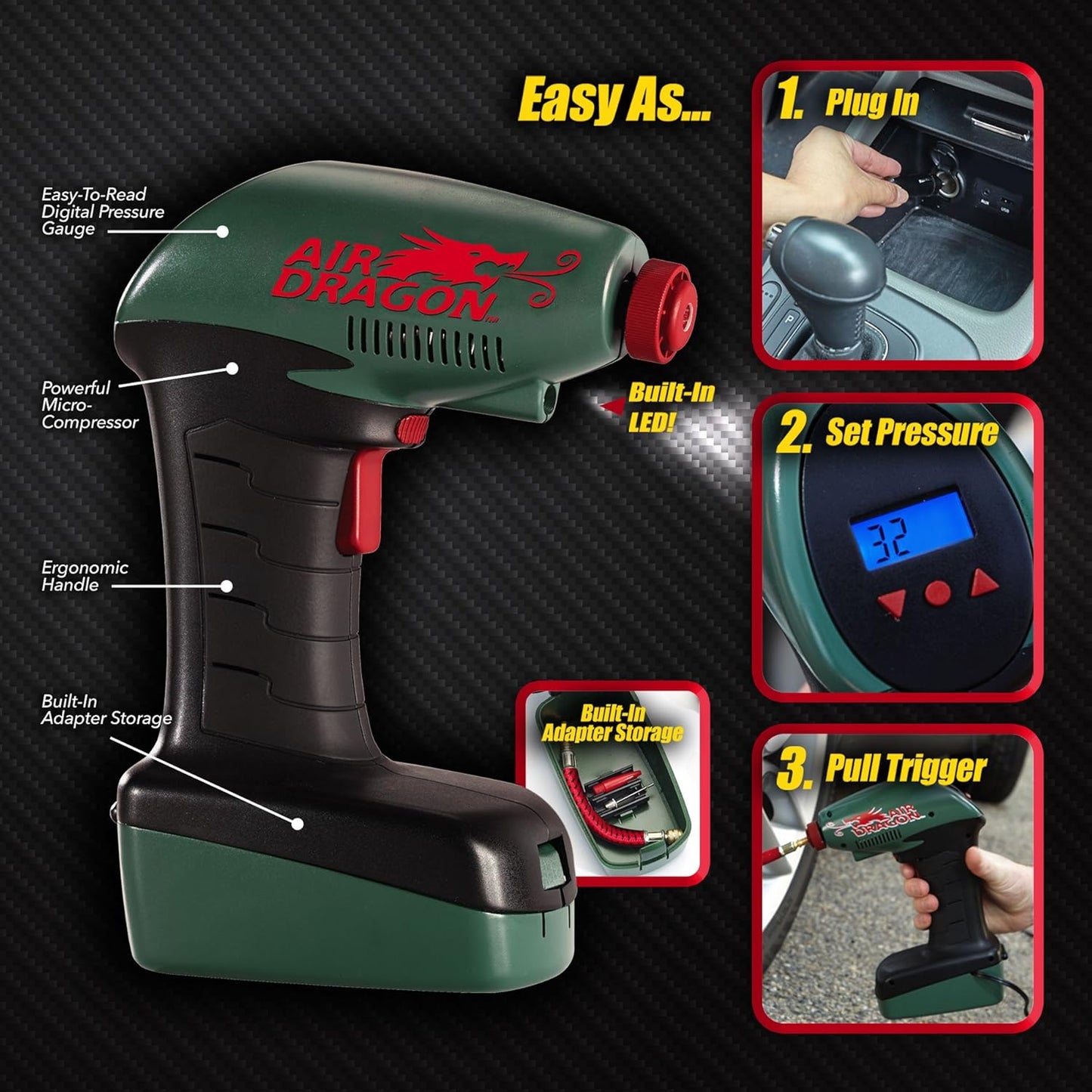 Air Dragon Portable Air Compressor Build in Light Great For Car tyres,Bike tyres,Sport Ball, Pool Toys, Air Mattresses
