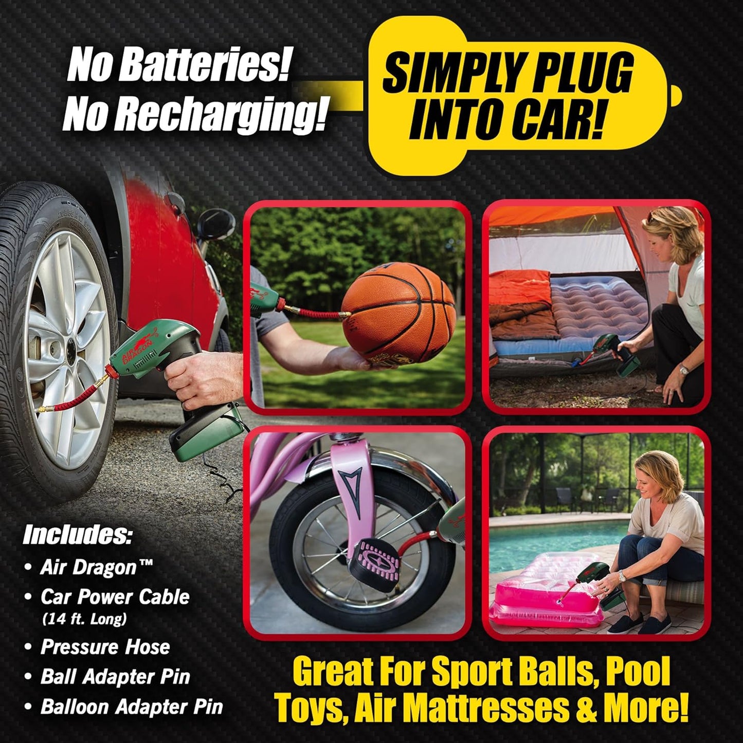 Air Dragon Portable Air Compressor Build in Light Great For Car tyres,Bike tyres,Sport Ball, Pool Toys, Air Mattresses