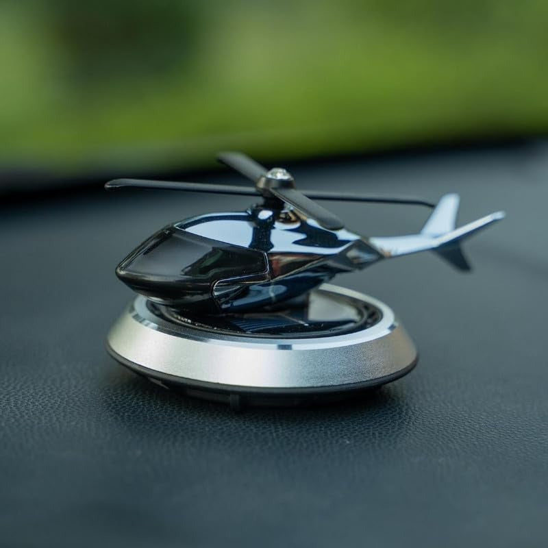 Solar Powered Helicopter Car Air Freshener Diffuser – Rotating Dashboard Perfume Decor | Metal + ABS Refillable Aroma Vent Clip for Car Interior