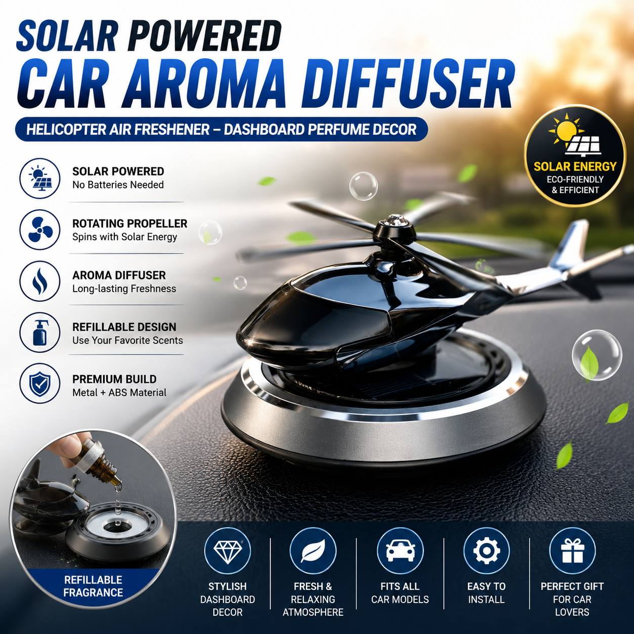 Solar Powered Helicopter Car Air Freshener Diffuser – Rotating Dashboard Perfume Decor | Metal + ABS Refillable Aroma Vent Clip for Car Interior