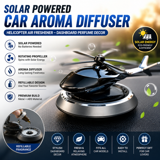 Solar Powered Helicopter Car Air Freshener Diffuser – Rotating Dashboard Perfume Decor | Metal + ABS Refillable Aroma Vent Clip for Car Interior