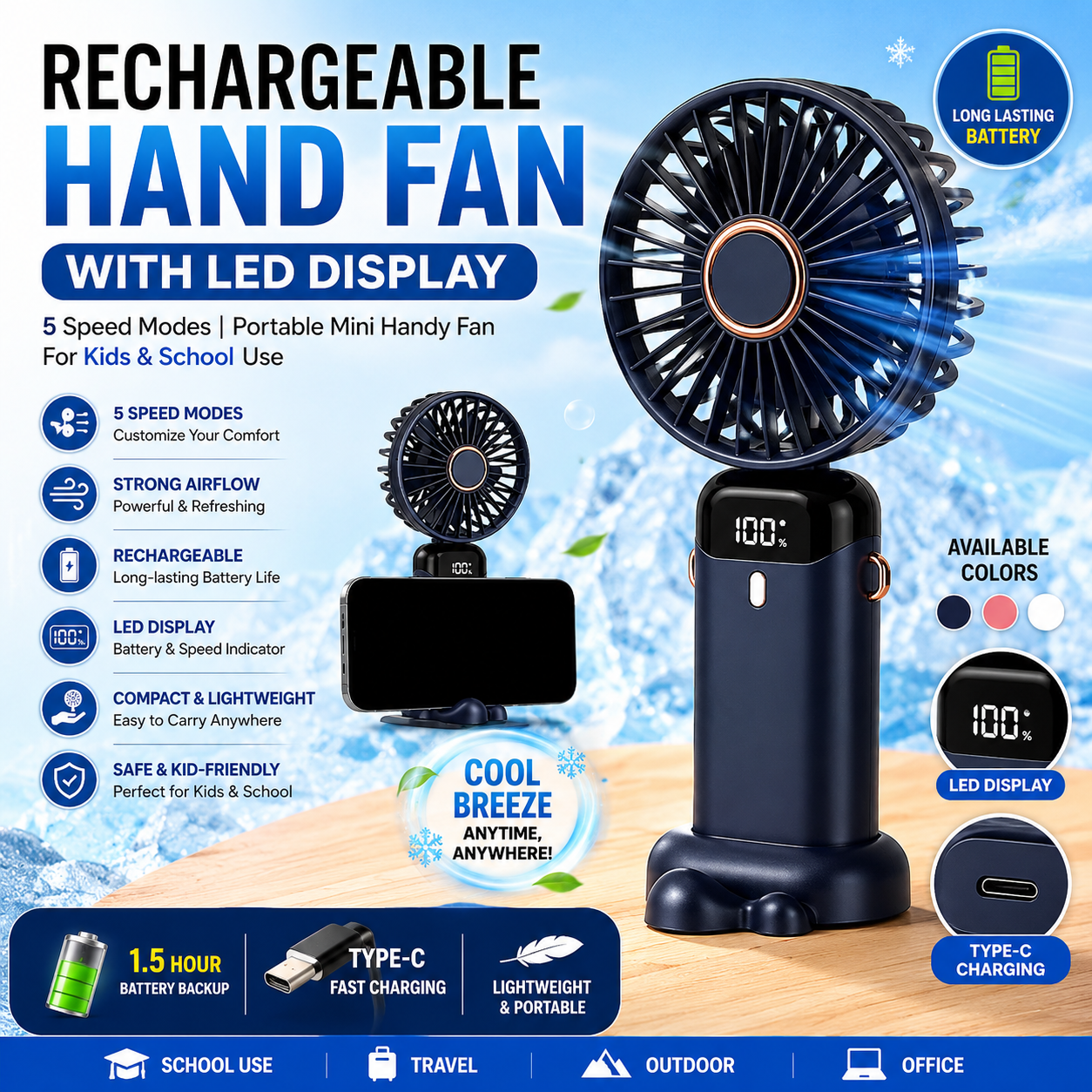 Rechargeable Hand Fan with LED Display | Mini Handy Fan for Instant Cooling