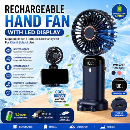 Rechargeable Hand Fan with LED Display | Mini Handy Fan for Instant Cooling
