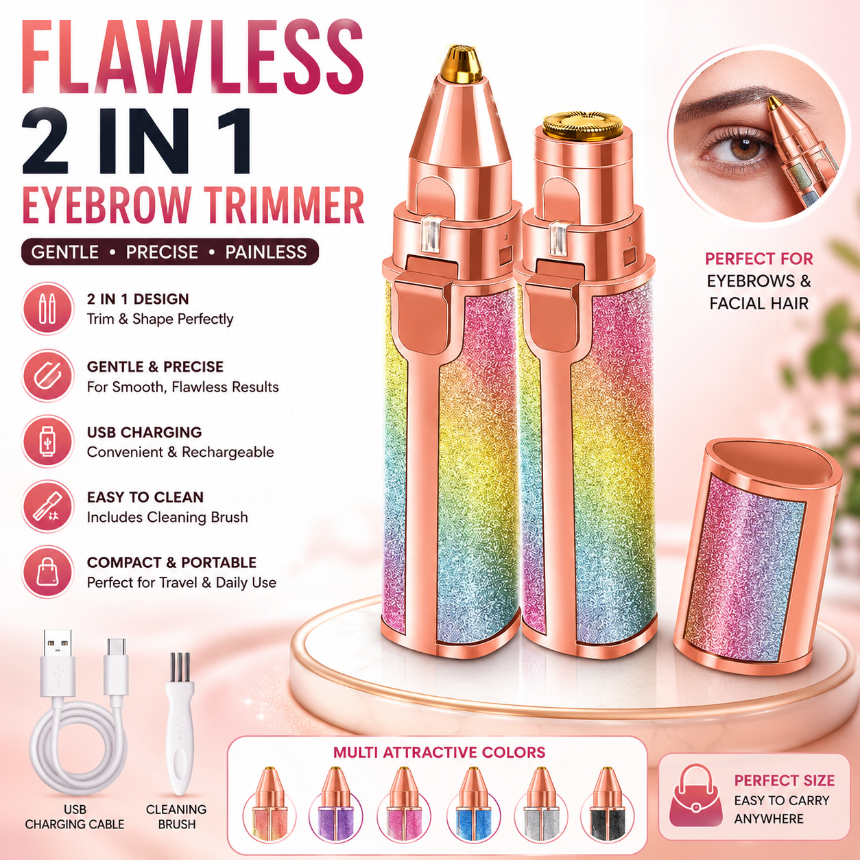 Flawless 2 In 1 Eyebrow Trimmer Multi Attractive Color With USB Charging Cable And Cleaning Brush