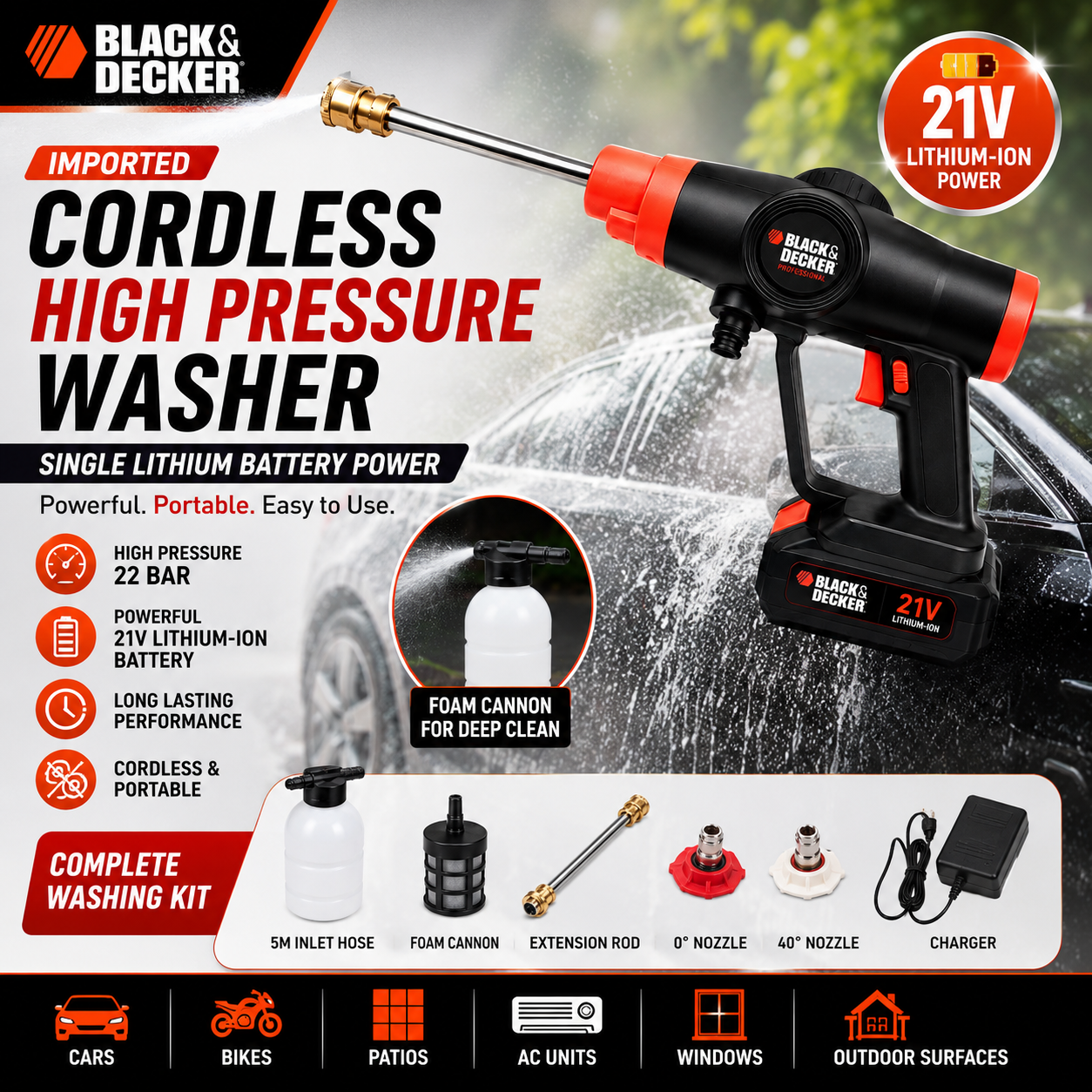 BLACK & DECKER IMPORTED Cordless High Pressure Washer – Single Lithium Battery Power