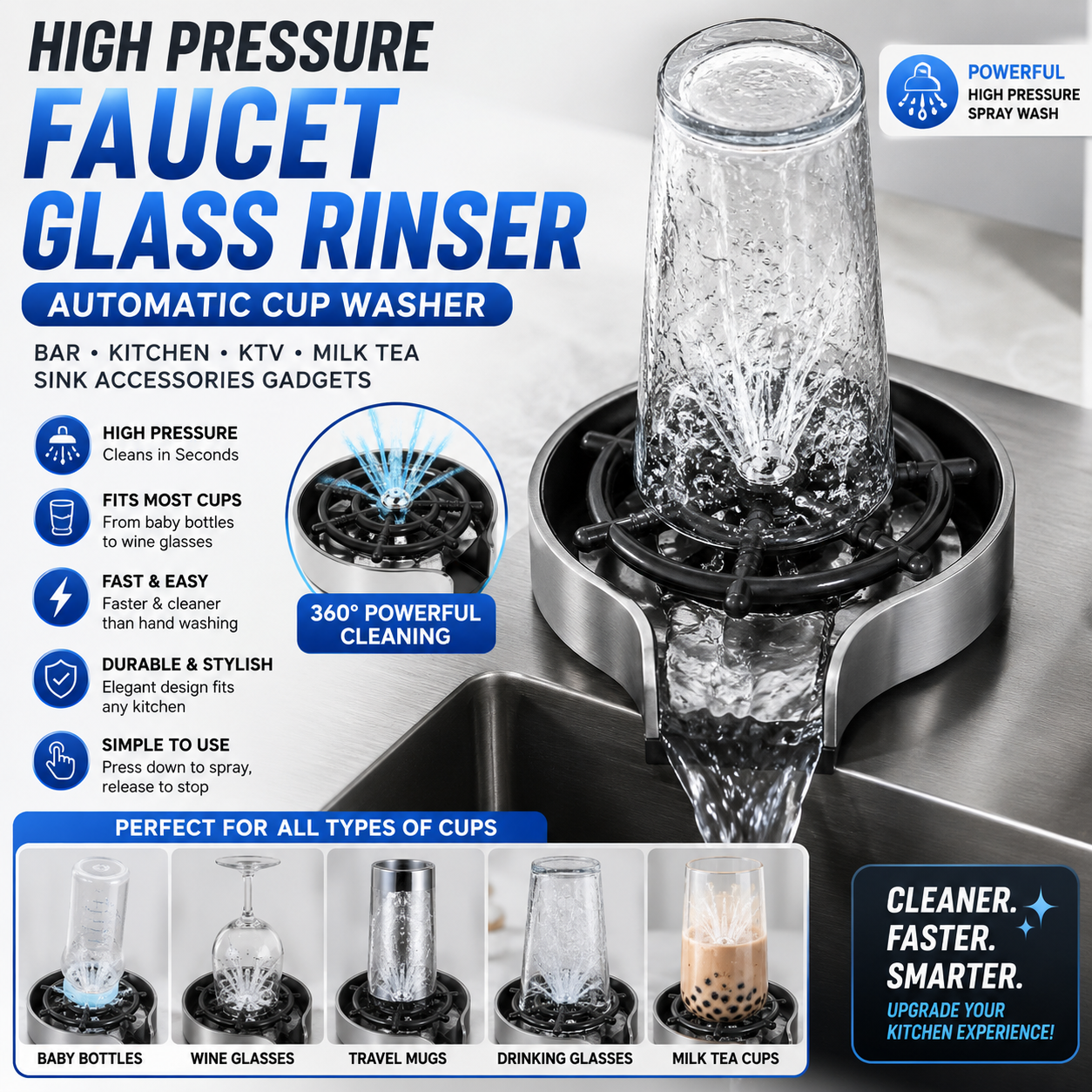 High Pressure Faucet Glass Rinser Automatic Cup Washer Bar Kitchen Beer KTV Milk Tea Cup Cleaner Tool Sink Accessories Gadgets