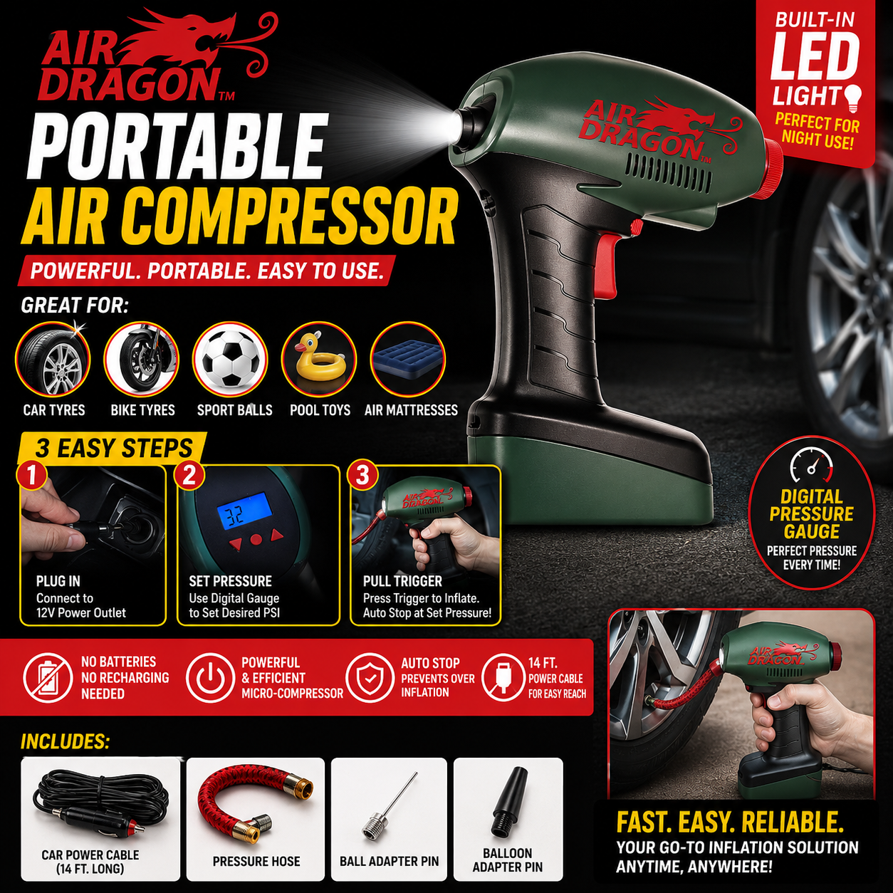 Air Dragon Portable Air Compressor Build in Light Great For Car tyres,Bike tyres,Sport Ball, Pool Toys, Air Mattresses