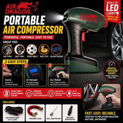 Air Dragon Portable Air Compressor Build in Light Great For Car tyres,Bike tyres,Sport Ball, Pool Toys, Air Mattresses