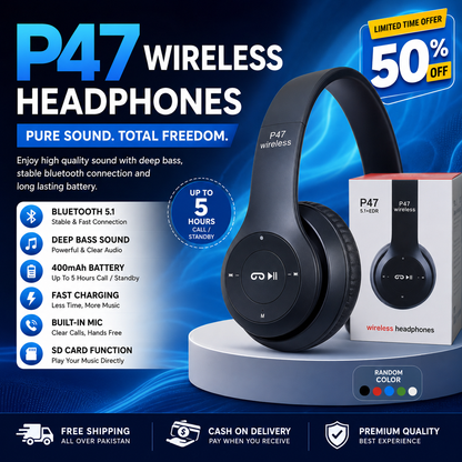 Long Listening Battery Fast Charging Wireless Bluetooth 5.1 Headphones With SD Card Function – P47 Model