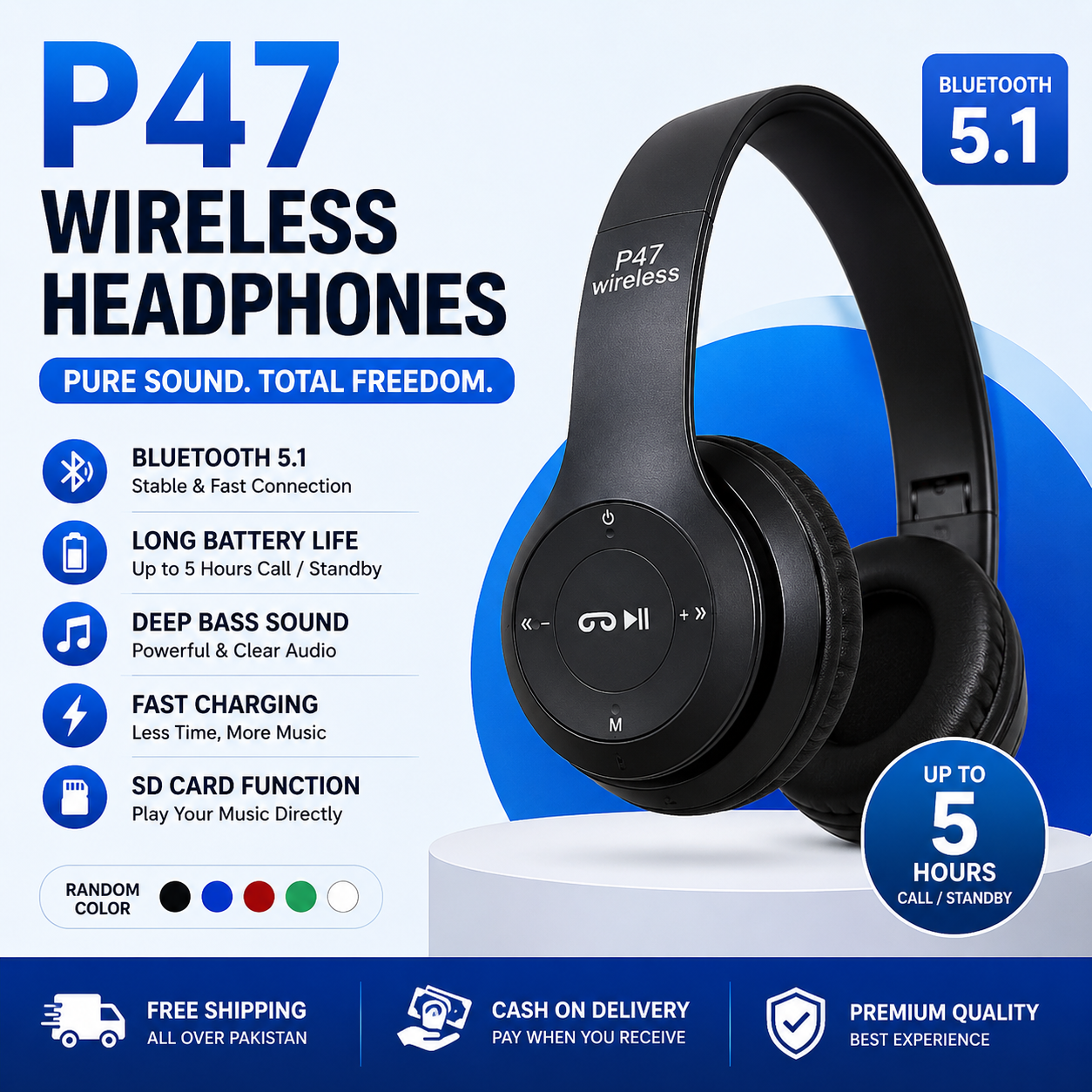 Long Listening Battery Fast Charging Wireless Bluetooth 5.1 Headphones With SD Card Function – P47 Model
