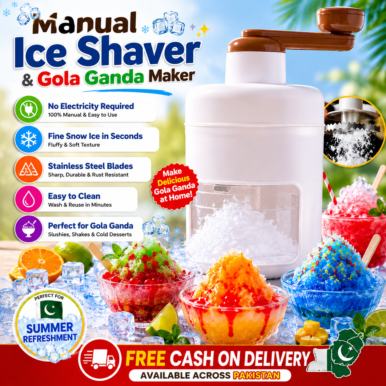 Manual Gola Ganda Maker & Ice Shaver Machine – Portable Ice Crusher for Home, Slushies & Summer Treats