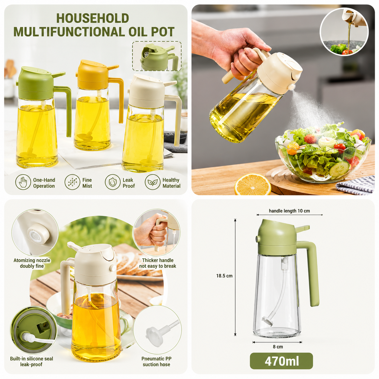 2-in-1 Oil Spray Bottle & Dispenser 470ml – Leak-Proof Glass Oil Sprayer for Air Fryer, BBQ, Salad & Cooking
