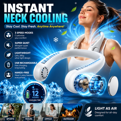 Mini Neck Fan Rechargeable Portable Air Cooler – Bladeless Hands-Free Wearable Cooling Fan with 3 Speed Modes for Summer, Travel, Office & Outdoor Use